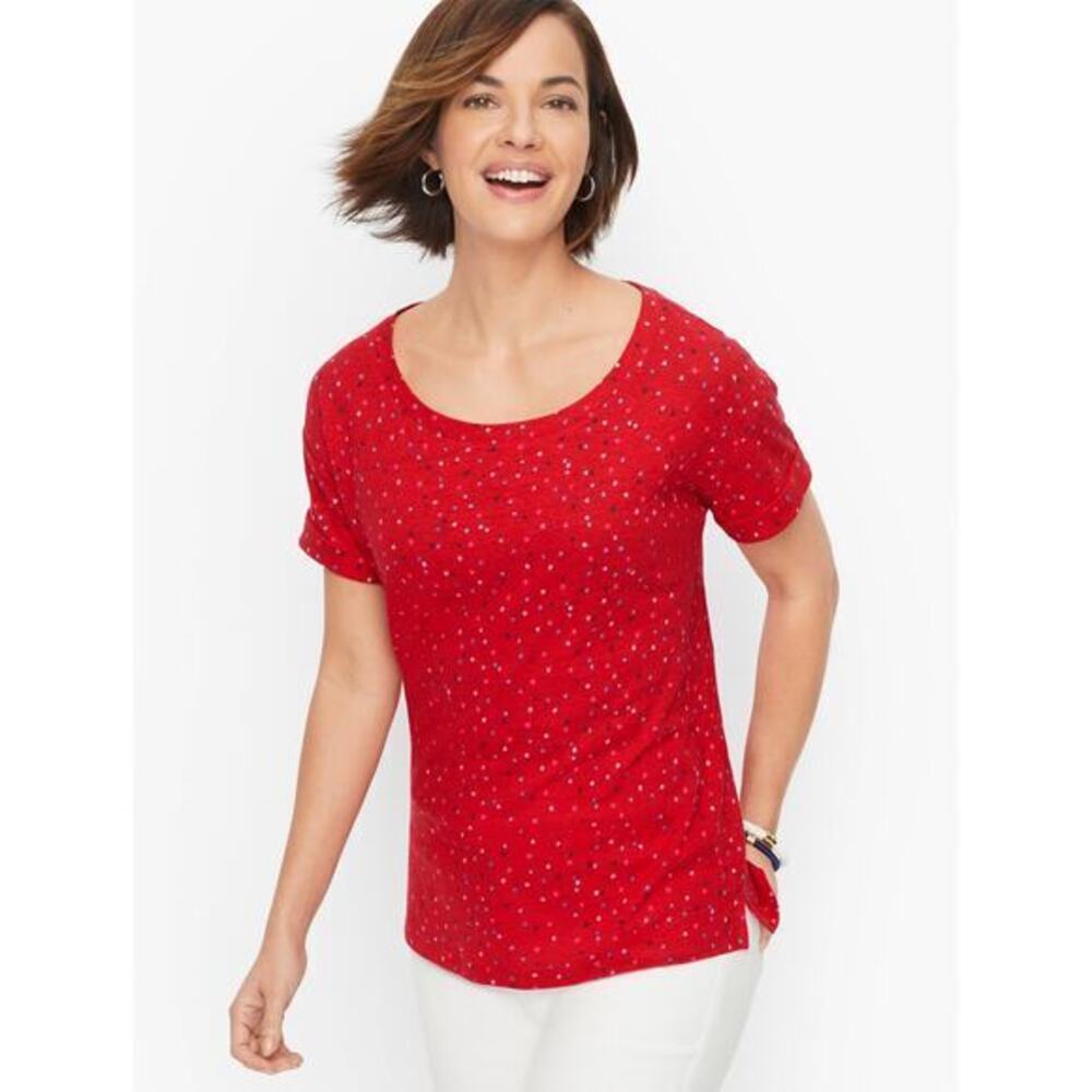 Talbots red ROLL CUFF SCOOP NECK T-shirt MINI STARS linen blend size medium